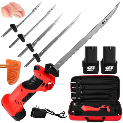 Couteau à Filet sans Fil pour Poisson, Couteau électrique Rechargeable avec 4 Lames antiadhésives à revêtement Ti-Nitride S.S. et 2 Batteries, Vitesse Variable en continu, Verrouillage de sécurité