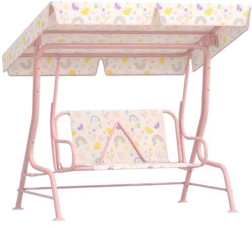 AIYAPLAY Kids Garden Swing Seat Child's Outdoor Swing Chair 2 Seater Pink | Adjustable Canopy, Safety Belt, Hammock Bench, Patio, Porch, Garden