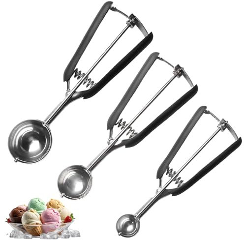 3 porzionatori per gelato in acciaio inox, 3/4/5 cm, 3 cucchiai per gelato in diverse dimensioni, con grilletto per palline di ghiaccio, purè di patate, polpette di frutta, impasto, cucchiaio di