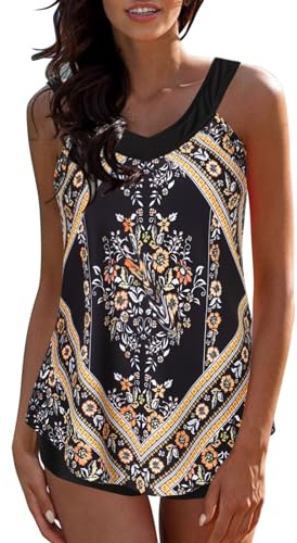 Tankini Damen Große Größen, Tankinis für Badeanzug Bauchweg Badeanzüge Zweiteilig Shape Bademode Set 2 Teilig mit Oberteil und Badeshort Curvy Schwarz Sexy Bunt Badebekleidung