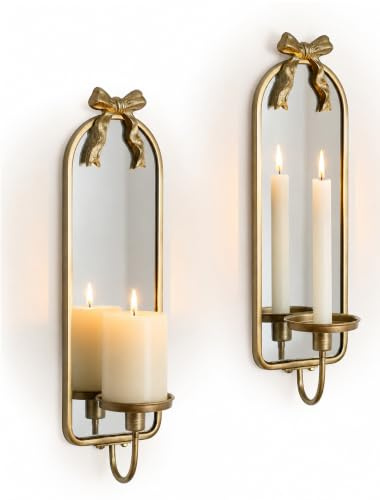 Walasis Gold Candle Sconces Wall Decor: Modern Decorative Wall Candle Holder Set of Two for Bedroom - Vintage French Metal Bow Mirror Sconces Beside Fireplace TV