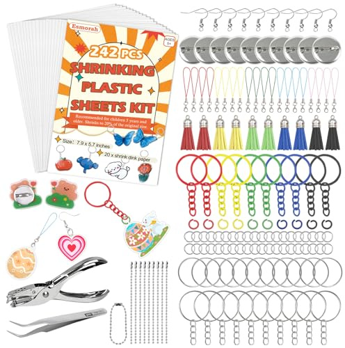 242PCS Shrink Dink Sheets Keychain Kit, with 20 Sheets 7.9x5.7 Shrink Art Paper with Ear Hooks, Brooches– Ideal for Kids & Adults DIY Crafts, Back-to-School, Mother's Day, Easter Ornaments & Gift