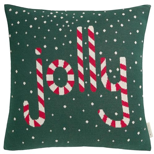 TOM TAILOR Weihnachtskissen grün – Kissenbezug Weihnachten – Jolly Zuckerstangenmotiv – 100% Baumwolle – Strickoptik – Deko Kissenhülle 45x45 kuschelig, weich, für Sofa & als Geschenkidee