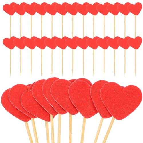 MUCKLILY 50 Piezas de Adornos para Cupcakes Corazón Rojo Mate Inserciones de Madera para Tartas Decoración para Cumpleaños y Fiesta de San Valentín