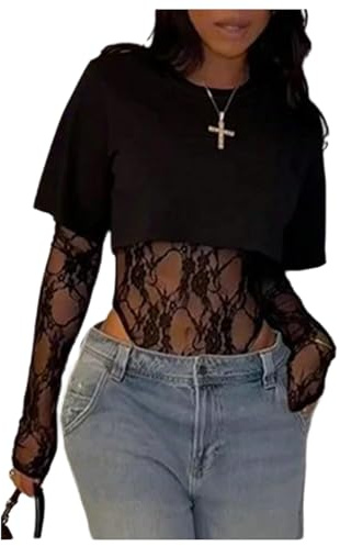 Milumia Women's Lace Long Sleeveless Crop Tops See Through Rave Bodysuit