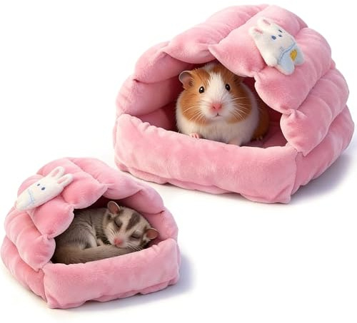 Meow&Woof Small Animal Beds, 2 Pack Hamster Hideout, Washable Guinea Pig House, Cozy Hedgehog Cage Accessories, Hideaway for Sugar Glider, Chinchilla, Rat-Pink