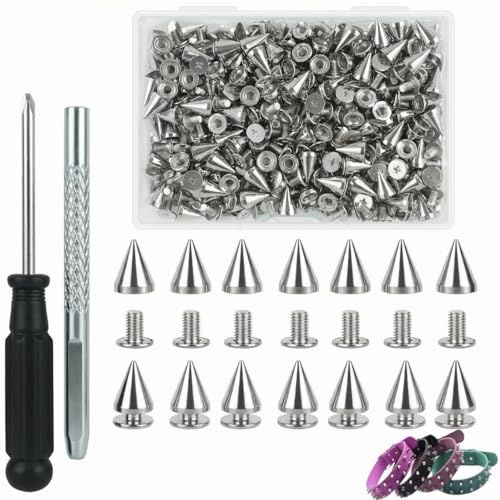 xingriziXFL Cone Spike Studs, Punk Rock Screw Back Studs with Setting Tools and Storage Box, 7x10mm Cool Spikes Rivet for Leather Jacket DIY Crafts and Arts Bags Shoes Clothes Decorations(Silver)