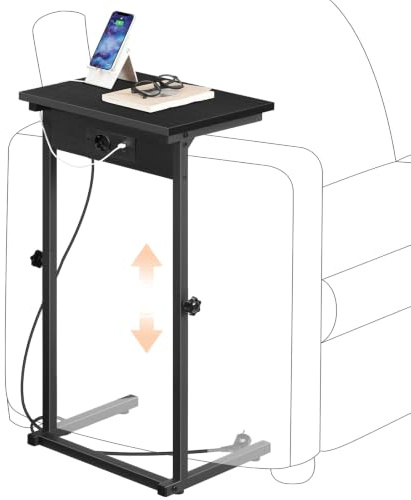 HOOBRO Mesa Auxiliar en Forma de C, Mesita de Centro con Base de Carga, Mesita Auxiliar de Altura Regulable, Mesa de Sofá para Espacios Reducidos, Sala, Dormitorio o Estudio, Negro EBB71CSF01