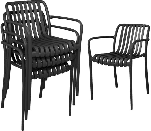 Outsunny Juego 4 Sillas Jardín Exterior Apilables PP 55x58,5x81,5 cm Negro | Sillas Terraza Exterior, Respaldo Curvado, Asiento de Listones, Reposabrazos