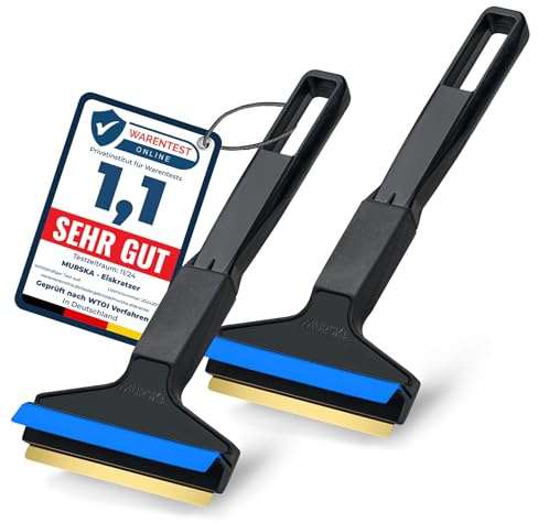 Eiskratzer Auto [2 Stück] - Messing Scheibenkratzer Auto - schnell, mühelos & schonend - aus Premium HIPS - Murska mit Messingklinge & Gummilippe - effizient Schneekratzer Auto - Finnland Schwarz Blau