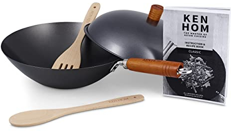 Ken Hom Carbon Steel Wok Set, 31cm, Classic, Non-Induction/Wooden Handle/Flat Base Pan, Includes Wok Pan with Lid, Wooden Wok Utensils and Recipe Book, KH331051