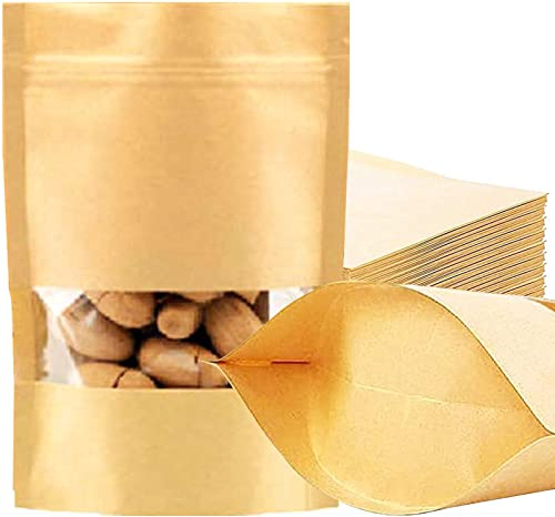 50pz 22 * 14cm Sacchetto di Carta Kraft Autosigillante Marrone Stand Up con Finestra Trasparente Zipper con Chiusura Sacchetti Usato per Conservare il Cibo Pane Chicchi di Caffè Noccioline Snack (A)