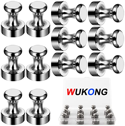 Wukong 12 Pack Fridge Magnets Strong, 12x16mm Refrigerator Magnets Push Pins, Magnetic Thumb Tacks for Whiteboard, Notice Board and Office, Silver-12 Pack