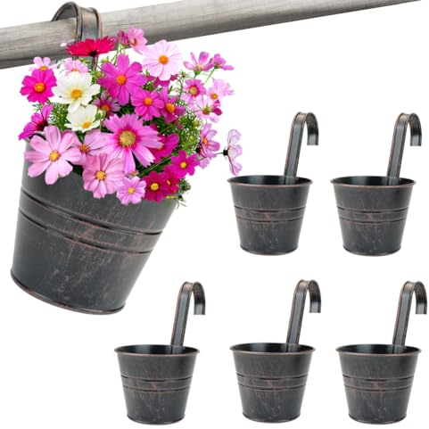 Sporgard Hängende Blumentöpfe aus Metall, 13 cm, Landhausstil, Fensterblumen-Halter mit Haken, ideal für Geländer, Zaun, Balkon, Garten, Innen- und Außenbereich, Heimdekoration, 5 Stück