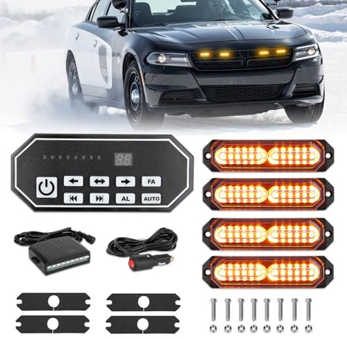 JMEST LEAD Stroboscopique Ambrée pour Véhicules, 4PCS Lumière LED avec Contrôleur à 9 Touches, 20 Modèles Feux Clignotants 12V-24V pour Voiture Van Camion