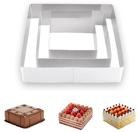 DIKARIYA Tårtring rostfritt stål set, 3 stycken kvadratisk bakform kakring bakram kakring 10/15/20 cm, bakring form fast tårtform tårta tillbehör för tårtor moussetårta grädde lager bakverk
