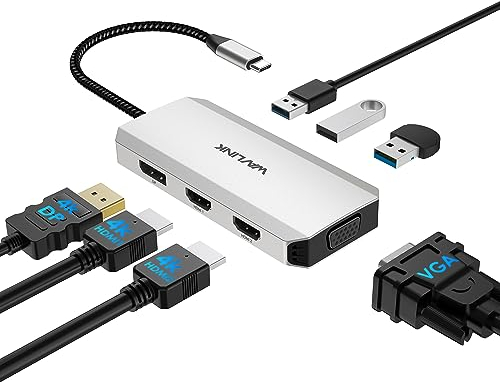 WAVLINK USB C Hub Quad Display, 7 in 1 Laptop Docking Station, Multiport Adapter with Dual 4K HDMI1/HDMI2, 4K DP, VGA, 3 USB2.0 (up to480Mbps), for MacBook/Windows