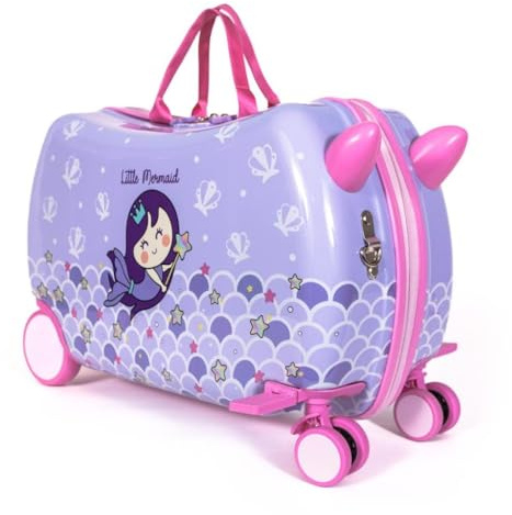 Milk&Moo Befahrbarer Kinderkoffer „Kleine Meerjungfrau“, Rollkoffer zum Sitzen & Ziehen, robust & ergonomisch, 360°-Drehräder, klappbare Fußstütze, für Kinder 2–6 Jahre, 21 L