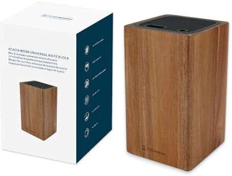 KITCHENDAO Portacoltelli universale in legno di acacia con fessure per forbici e affilacoltelli – Ceppo portacoltelli senza coltello in legno per riporre in modo sicuro coltelli salvaspazio