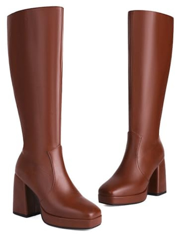 HXTYXCQ Botas Largas De Tacón Alto De Bloque con Plataforma para Mujer Botas De Caballero De Cuero con Punta Cuadrada Botas Altas con Cremallera Lateral,Marrón,39 EU