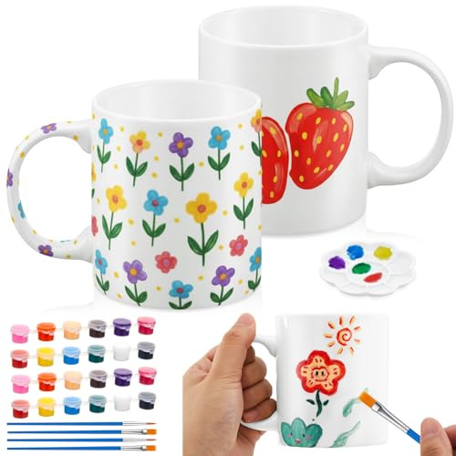 Geiserailie 2 Set Pottery Painting Your Own Mug Kit Gifts - Graduation Gifts, 2 Blank Ceramic Cups with 12 Colors & Brushes, DIY for Couples, Birthday(Classic Style)