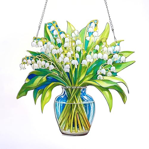 Lily of the Valley May Birth Flower Acrylic Hanging Decoration – Vase Style Everlasting Flower Ornament – Gift for Her – Home Décor Suncatcher