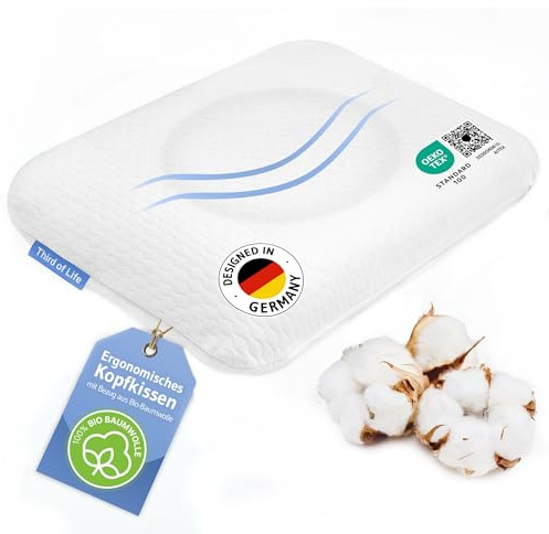 ELORA, cuscino cervicale per chi dorme sul fianco, morbido rivestimento in 100% cotone biologico, cuscino ergonomico per esperti del sonno, cuscino per chi dorme sul fianco, cuscino cervicale 40 x 60