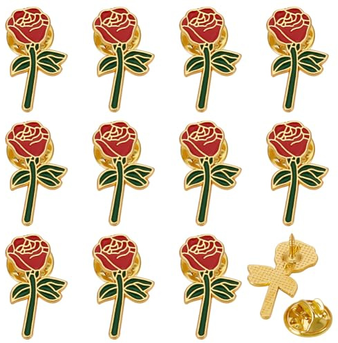 FINGERINSPIRE 12 piezas de broches de rosas, broches de flores rojas de esmalte, broche de rosas de 25.5x15mm, aleación, broches florales para ropa, mochila, broches para hombres y mujeres, amantes de
