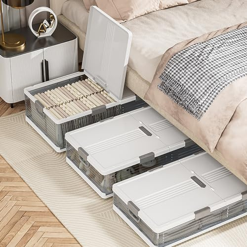 PromiseFly Caja organizadora para armario con tapa, para debajo de la cama, de polipropileno, color blanco, 101 × 51,5 × 24 cm, cajonera para debajo de la cama, cajas de almacenamiento para ropa