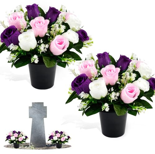 Maxmoc 2 fiori artificiali per tombe, vasi da fiori da 25 cm, decorazione natalizia con 12 rose per cimitero, funerale, commemorazione esterna (bianco + viola)