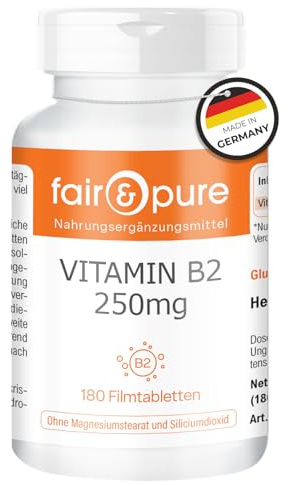Fair & Pure Vitamina B2 250mg, 180 compresse, 250mg di vitamina B2 (riboflavina) per compressa, facile da deglutire, integratore alimentare vegano senza additivi, prodotto in Germania