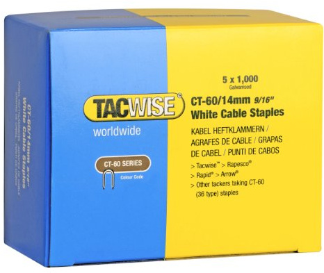 TACWISE 0357 Grapas de cables serie CT-60 x 14 mm de punto divergente (5 cajas x 1000 unidades), blanco, 14 mm, Set de 5000 Piezas