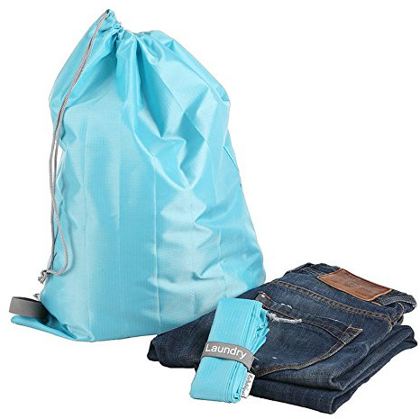 EzPacking Travel Laundry Bag with Drawstring/Foldable Compact Lightweight Small Travel Size for Suitcase / (22” X 16”) / Clean Dirty Clothes Wash Bag/Nylon Blue/Washable/For Women Men Kids Baby