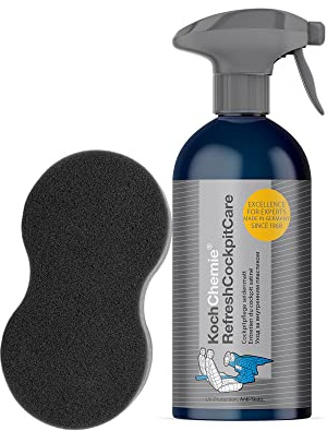 Set per la pulizia interna del veicolo: Koch Chemie Refresh Cockpit Care 0,5L+Multi Interior Cleaner 0,75L+Speed Glass Cleaner 0,75L-Spugna per l'applicazione-Spazzola in gomma panno in microfibra