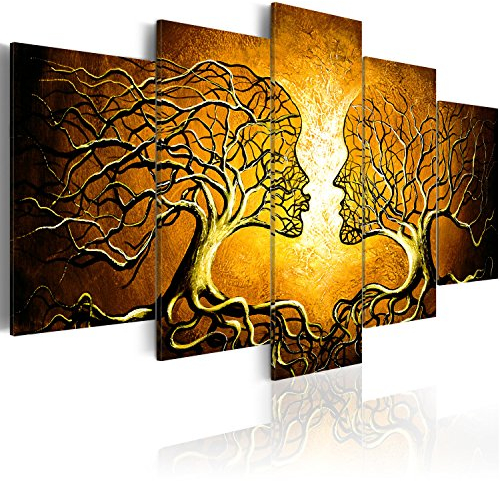 B&D XXL - Leinwand Bilder Bäume Kuss 150x75 cm 5 tlg Wand Deko Wandbilder Groß XXL Wanddeko Wohnzimmer Schlafzimmer Kunstdrucke - Abstrakt Liebe Natur Gesichter Gelb wie gemalt b-A-0341-b-m