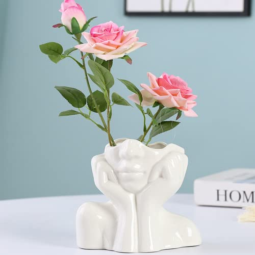Disoza Weiß Vasen Tischdeko Keramik Modern Gesicht Vase Vintage Weiß Vase für Pampasgras Blumen Trockenblumen Blumenvase Vasen für Wohnzimmer Hochzeit Porzelan Küche Büro Vase 11.5x14.5cm