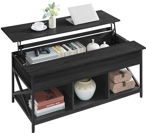 VASAGLE Lift-Top Table - Coffee Table with Open & Hidden Storage, X-Shaped Bars, 60 x 120 x (48-62) cm, Charcoal Grey & Black