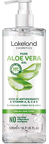 Lakeland Cosmetics Aloe Vera Gel contains 100% pure natural bio active aloe gel moisturiser, soothes cuts, irritated skin, burns & sunburn relief for face & body great aftersun lotion cream 500ml