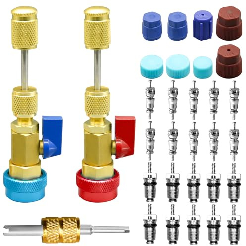 31Pcs R134A Valve Core Quick Remover Installer Tool Set, High Low Pressure AC Valve Core Removal Tool with R134A Valve Core AC Service Port Cap Valve Stem Kit for Refrigerant Air Conditioner System