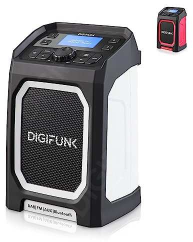 DigiFunk Baustellenradio mit Akku | Wiederaufladbar über USB | DAB+ / DAB, FM, Bluetooth, AUX | IP65 Wasserdicht Robustes Langlebiges Design | Perfekt für Bauarbeiter, Outdoor, Lager, Garage (Weiß)