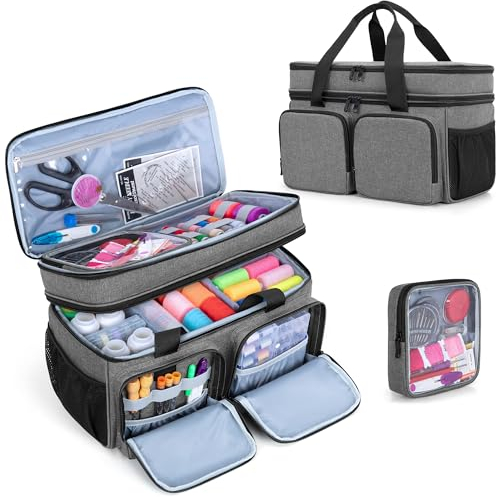 BAFASO Large Sewing Organizer Bag with an Individual Pouch and Detachable Dividers, 2 Layers Sewing Storage Bag for Sewing Supplies, Grey