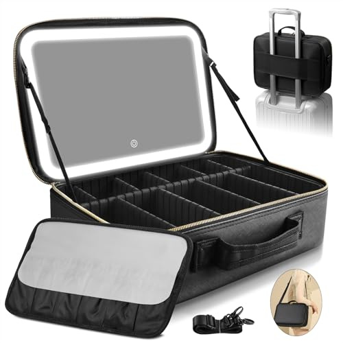 Trousse de Maquillage avec Miroir LED, Grand 38X28cm Professionnel Sac de cosmétiques de Voyagea de Lumineux, boîtier de Maquillage avec Miroir éclairé, 3 Modes d'éclairage, Couvercle en Cuir PU