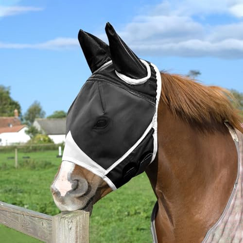 APOMOONS Fliegenmaske Pferd UV Schutz, Super Comfort Stretchy Pferdefliegenmaske mit Ohrenschutz, Fliegenhaube Pferde Fliegenmaske Horse Fly Mask, Fliegenmaske Shetty Large Eye Space (M, Schwarz Weiß)