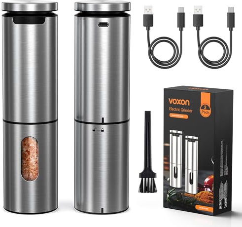 VOXON Macina Sale e Pepe Elettrico Set di 2, Ricaricabile USB, 5 Livelli Regolabili, Macina Pepe Elettrico Automatico con Luce LED – Macina Sale e Pepe per Cucina, BBQ e Ristorante