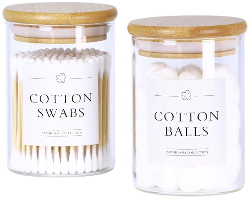 INIUNIK 2 Pack Qtip Holder Dispenser - Glass Apothecary Jars with Lids, Cotton Ball Pad Swab Round Holder, Bamboo Bathroom Accessories, Bathroom Organizers Containers Jars Canisters with Lids