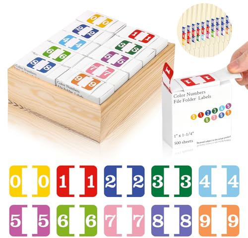 10 Rolls Number File Folder Labels Set Color Series Chart Stickers with Wooden Tray Set of Numbers 0-9 File Labels for File Folders Number Label Index Numeric Labels Index Stickers for Office School