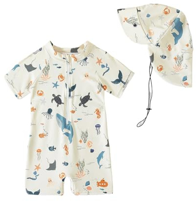 Bañador Bebe Niño Niña, Bañador Bebe Niño Protección UV 50, Traje De Baño Bebe con Gorro, Camiseta Solar Bebe Fato Baño UV, 3 Meses - 3 Años | Traje de baño infantil con cubierta UV, cremallera y gorro de baño, tejido suave elástico de secado rápido