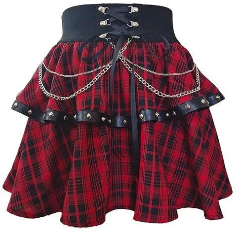 Damen Gothic Rock Kariert Faltenrock A-Linie Hohe Taille Bandage Minirock Mit Ketten Sommer Herbst Winter