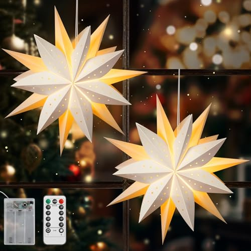 Lewondr Lanterna Carta di Natale, 2PCS Lampada di Carta con Telecomando, Lanterne a LED con Luci 6H Timer, Tre Strati Lampade a Sette Punte per la Decorazione della Casa