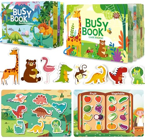 Tangdudu 2PC Livre Montessori 1 2 3 4 5 Ans, Quiet Book, Busy Book, Livre d’activités pour Apprendre Animaux, Couleurs, Formes, Fruits, légumes, véhicules, Aliments, Dinosaures